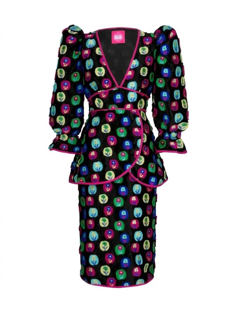NWT Celia B Lilett Dress Black Multicolor Puff Sleeve Peplum Midi S